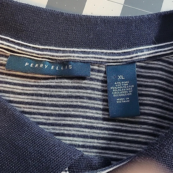 PERRY ELLIS Blue and White Striped Polo Shirt XL - Picture 6 of 6